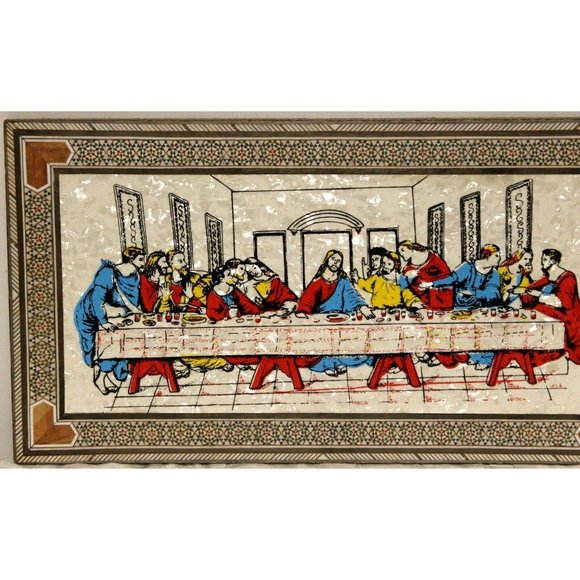 Jesus Last Supper Wooden Plaque Inlay Stone Print on Pearl-Crystal Look 17 x 10" - Picture 2 of 8